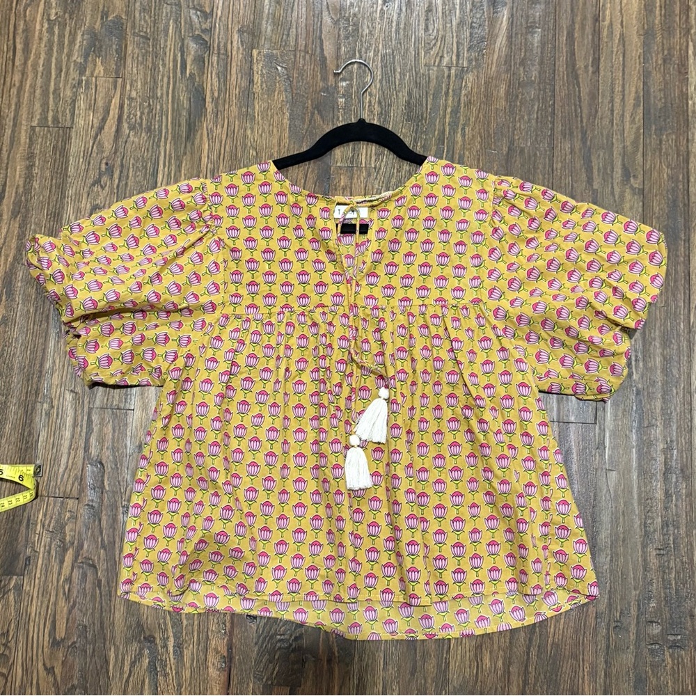 THML Yellow Blouse with Pink Floral Tulip Motif